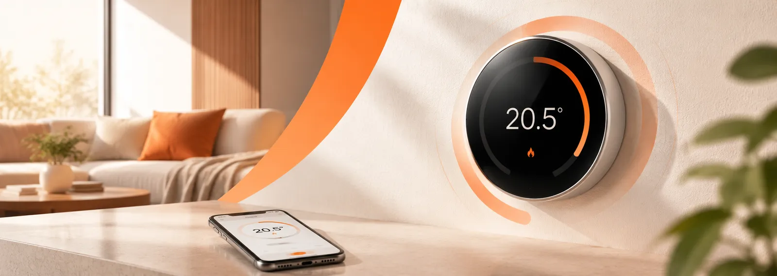 Termostato inteligente en la pared de un salón marcando 20,5 grados, con su app en el móvil